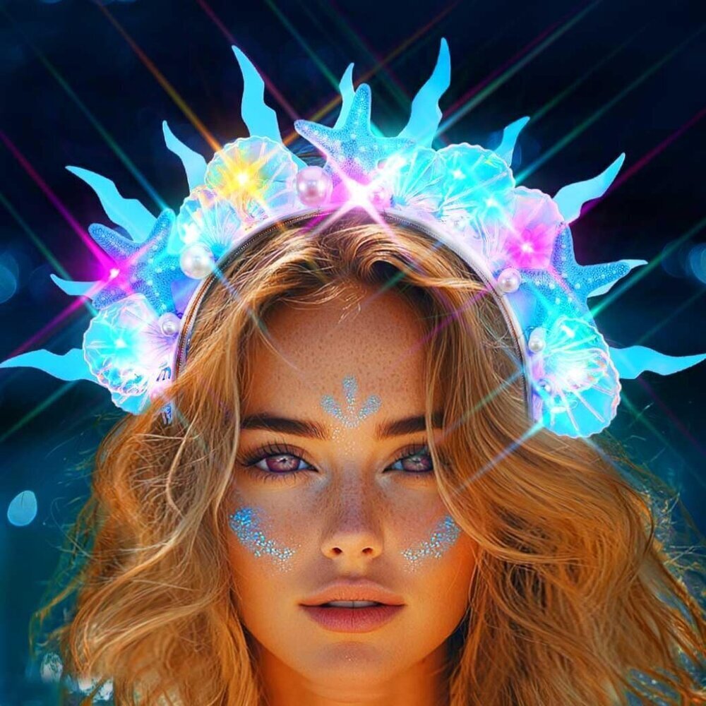 Light Up Mermaid Costume Hat Hair Accessories Seashell Starfish for Women